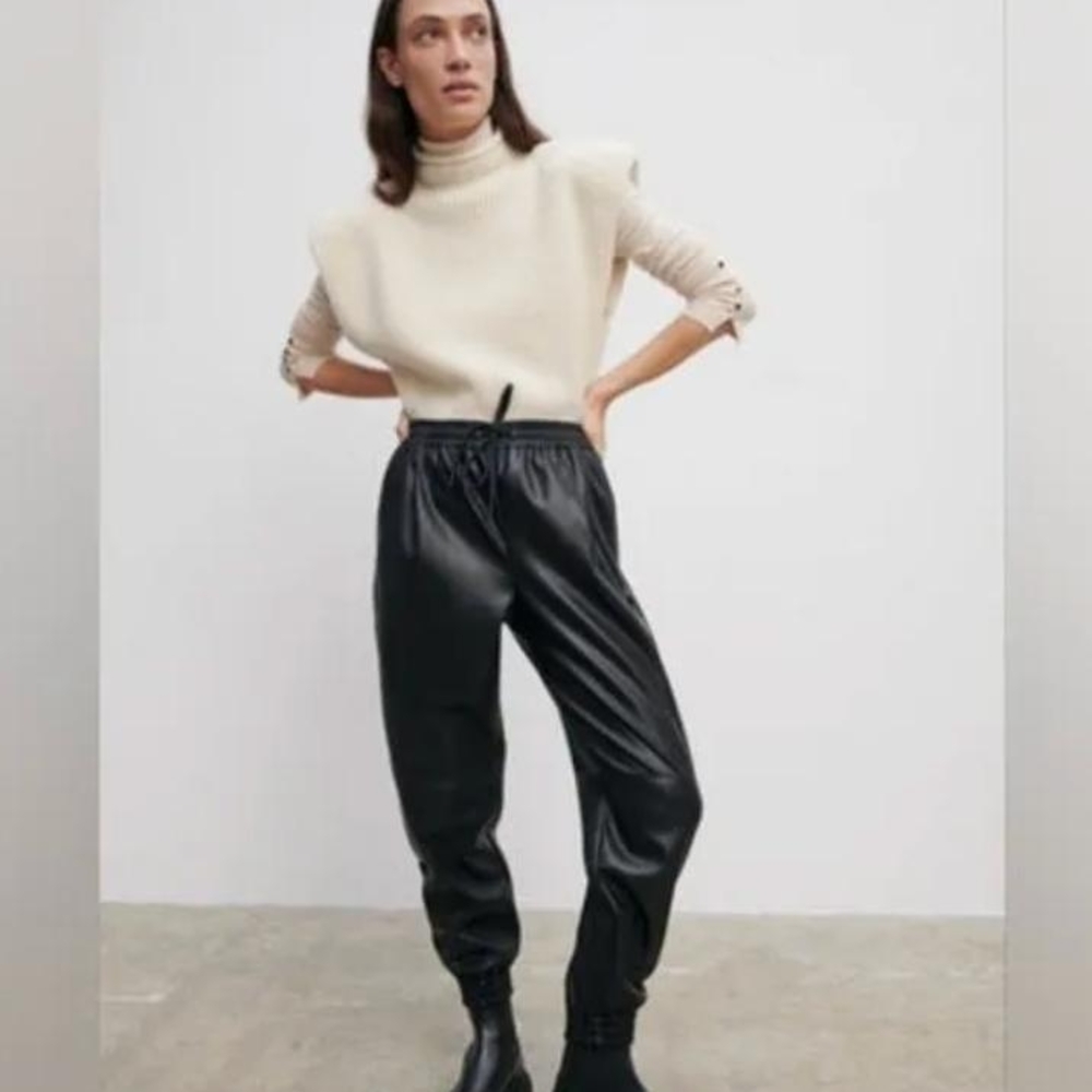Zara- Women's Black Faux Leather Joggers- Chic!